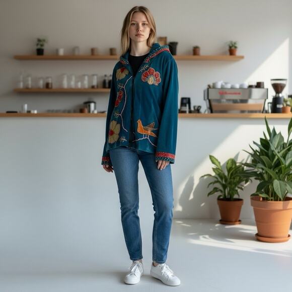 Rising International Tops - Rising International Women L Teal L /S Full Zip Embroidered Hooded Sweatshirt